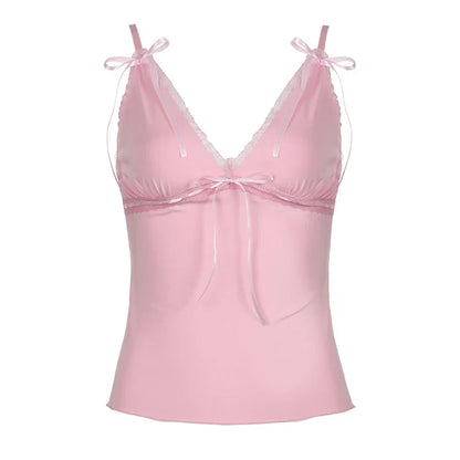 Voguable  Y2K Ribbons Bow Lace Patchwork Crop Top Pink Coquette Aesthetic Slim-fit V-neck Camis Ruched Kawaii Lolita Corset Women