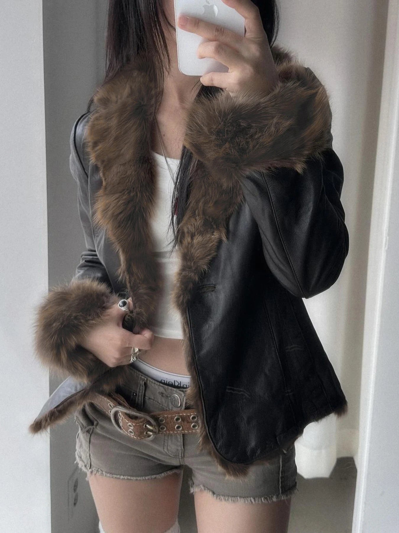 s Autumn New Clothes Women¡¯s Leather Coat Long Sleeve Spliced Faux Trim Button Slim Fit Chic Coat