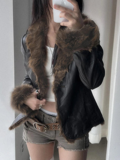 s Autumn New Clothes Women¡¯s Leather Coat Long Sleeve Spliced Faux Trim Button Slim Fit Chic Coat
