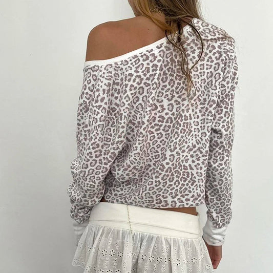 Stylish Women Leopard Print T-shirt Y2K Street Outfits Ribbed Long Sleeve Button Up Fitted Cropped Top Casual Retro