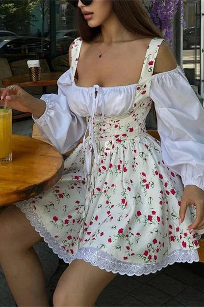 Lace Patchwork Square Collar Mini Dress