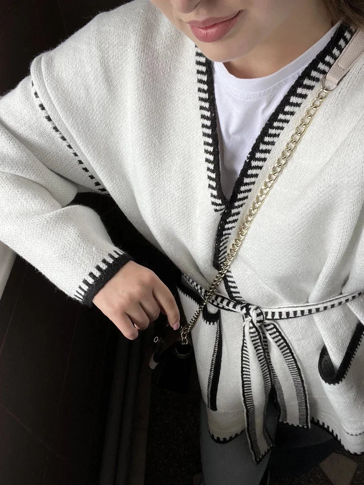 Knit Contrast Cardigan Sweater For Women Lace-Up Pocket Long Sleeve Patchwork Loose Coat Autumn Knitwear Women&#8217;s Outwear