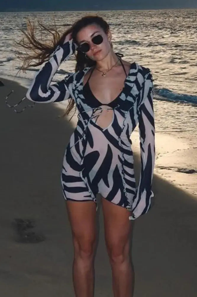Zebra Print Mini Dress with Lace-Up Detail