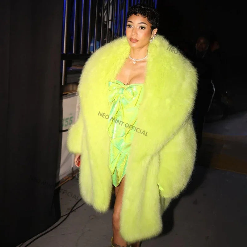 Women Luxury Brand Runway Fashion Long Hooded Faux Fur Coat Jacket Ins Nicki Minaj Neon Green Chunky Overcoat Outerwear