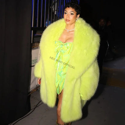 Women Luxury Brand Runway Fashion Long Hooded Faux Fur Coat Jacket Ins Nicki Minaj Neon Green Chunky Overcoat Outerwear