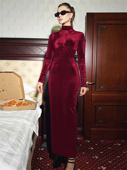 Fashion Pleated Skinny Dress Female High Waist Twist Long Sleeve Elegant Solid Party Dress Gown Women’s Maxi Dress Autumn