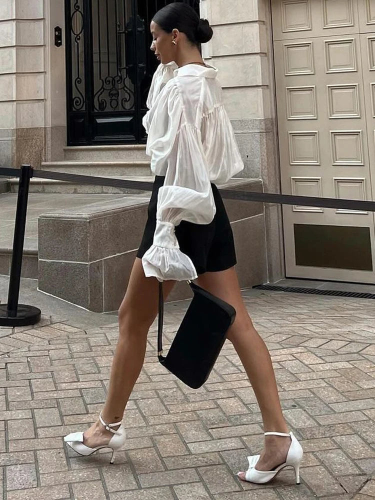 Autumn See-Through Casual Shirts Top For Women Loose Slim Long Sleeve Lapel Cardigan Streetwear Women’s Pleated Shirts Top