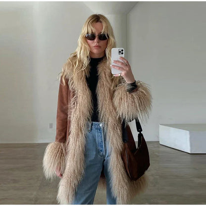 Vintage Furry Faux Fur Women Patchwork Coats Winter Long Sleeve Lapel Female Loose Jacket Casual Pockets Thick Warm Lady Outwear