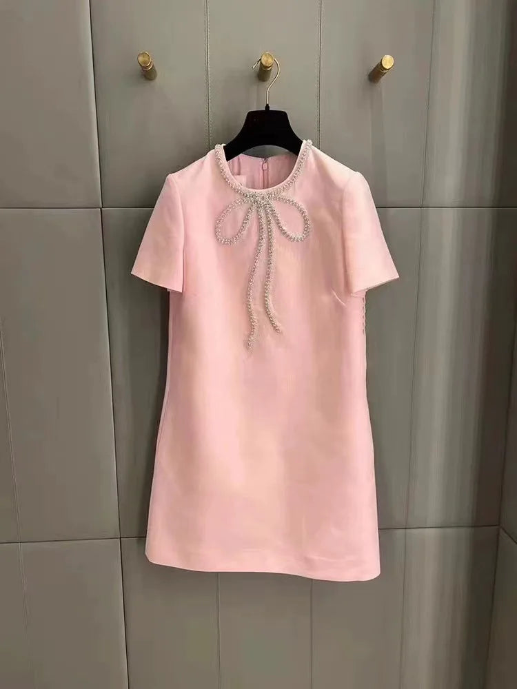 Fashion Short Dress Hotsweet Diamond Beading Bow Solid Color O Neck Elegant A-line Dresses Women 2025 Spring Summer 23A9653