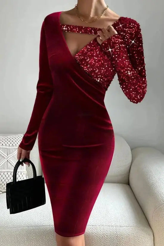 Velvet Patchwork Midi Dress with Sequins