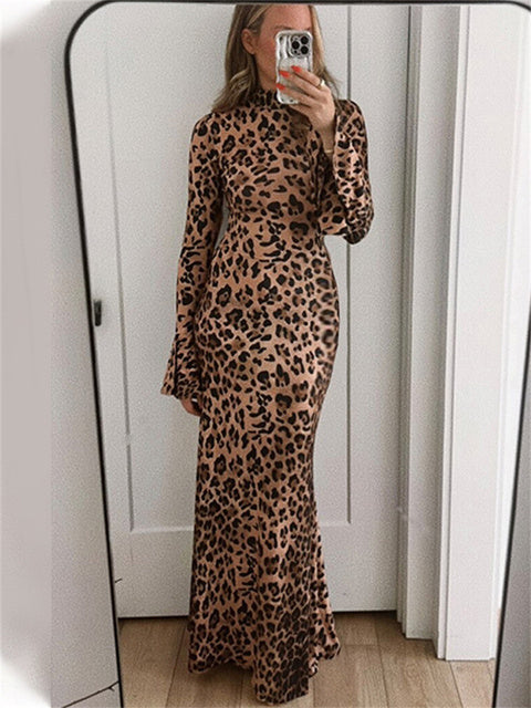 Leopard Printed Slim Long Dress Female Fashion Patchwork Contrast Elegant Long Sleeve Party Dress For Women Autumn Dress