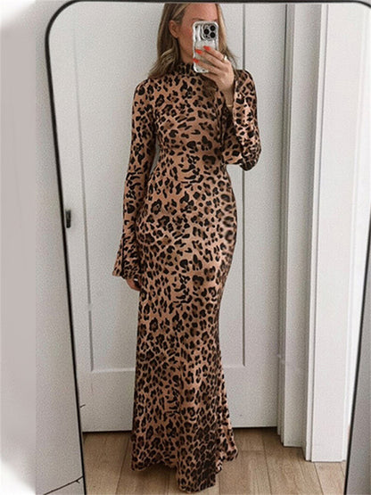 Leopard Printed Slim Long Dress Female Fashion Patchwork Contrast Elegant Long Sleeve Party Dress For Women Autumn Dress