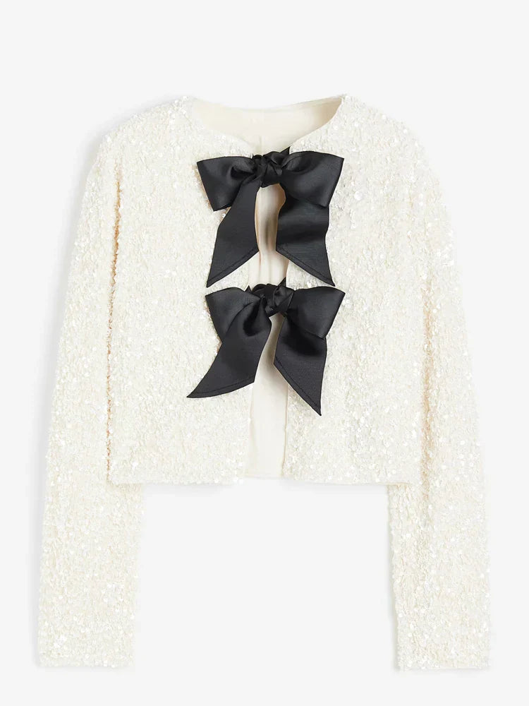 Holiday Tie-front Sequined Jacket For Y2K Shiny Chic Cropped Coat FeElegant Long Sleeve Lady Party Outerwear
