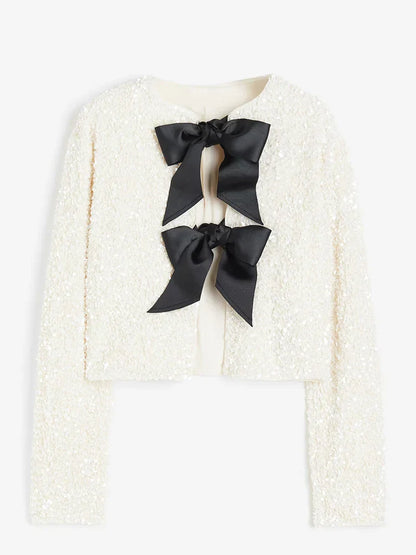 Holiday Tie-front Sequined Jacket For Y2K Shiny Chic Cropped Coat FeElegant Long Sleeve Lady Party Outerwear