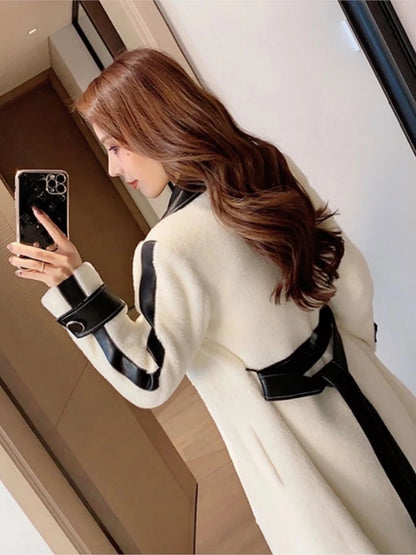 Autumn Winter Chic Woolen Coat Women Patchwork Long Jackets with Belt Lapel Korean Fashion Female Outerwear New Soft Overcoat