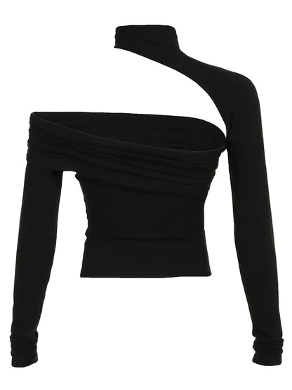 Asymmetrical Cut Out Sexy Choker T Shirt Women Black Skinny Off Shoulder Long Sleeve Crop Tee Rave Baddie Streetwear Tops