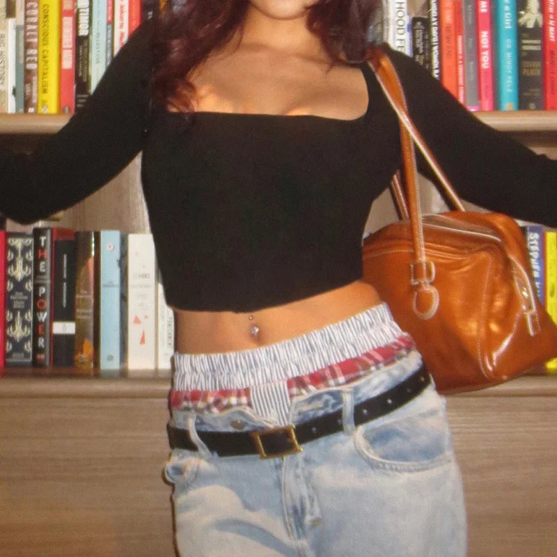 Y2K Fur Long Sleeve Crop Top Black Square Collar Women Fitted T-shirt 2000s Fashion High Street Sexy Tee Aesthetic