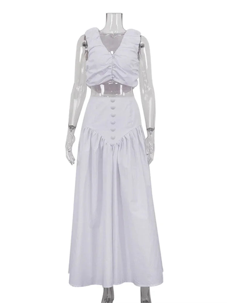 White Pleated 2 Piece-Set Maxi Skirt Women V-Neck Cropped Top And Patchwork Fashion Long Skirt Sets Ladies Solid Outfits