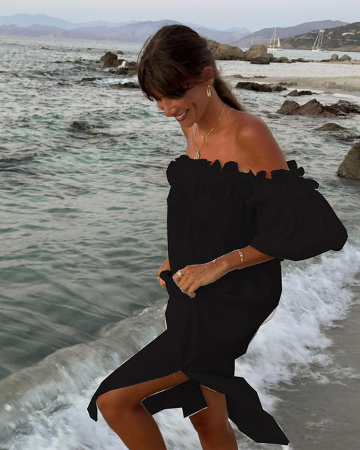Summer Solid Color Slit Long Dresses Women Sexy Off Shoulder Backless Loose Beach Vacation Dress Fashion Casual Ladies Vestidos