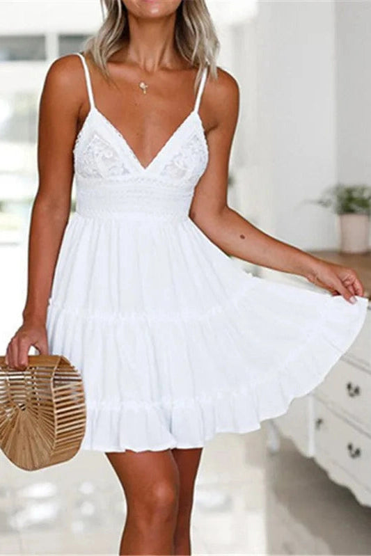 V-Neck Backless Lace-Up Mini Dress with Spaghetti Straps