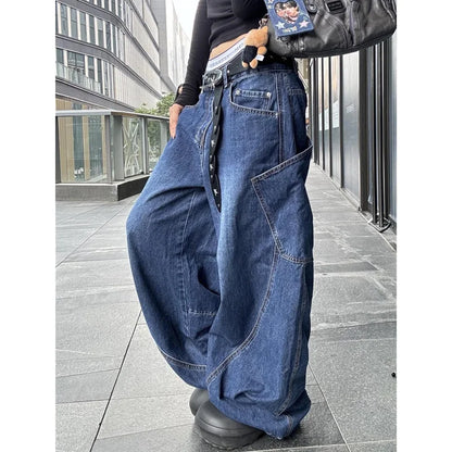 Blue Women's Jeans Hip-hop Fashion Vintage Streetwear Y2K Wide Leg Straight Jean High Waist Trouser Baggy Cargo Denim Pants