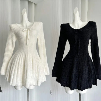 Sexy Solid Autumn Winter Elegant Knitted Dresses for Woman Y2K Harajuku Slim Sweater Dress New Korean Chic Mini Party Dress