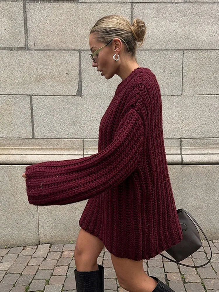 Casual Knitted Solid Mid Long Sweaters Women Loose O-neck Long Sleeve Dark Red Pullover Sweaters Female Autumn Chic Street Tops