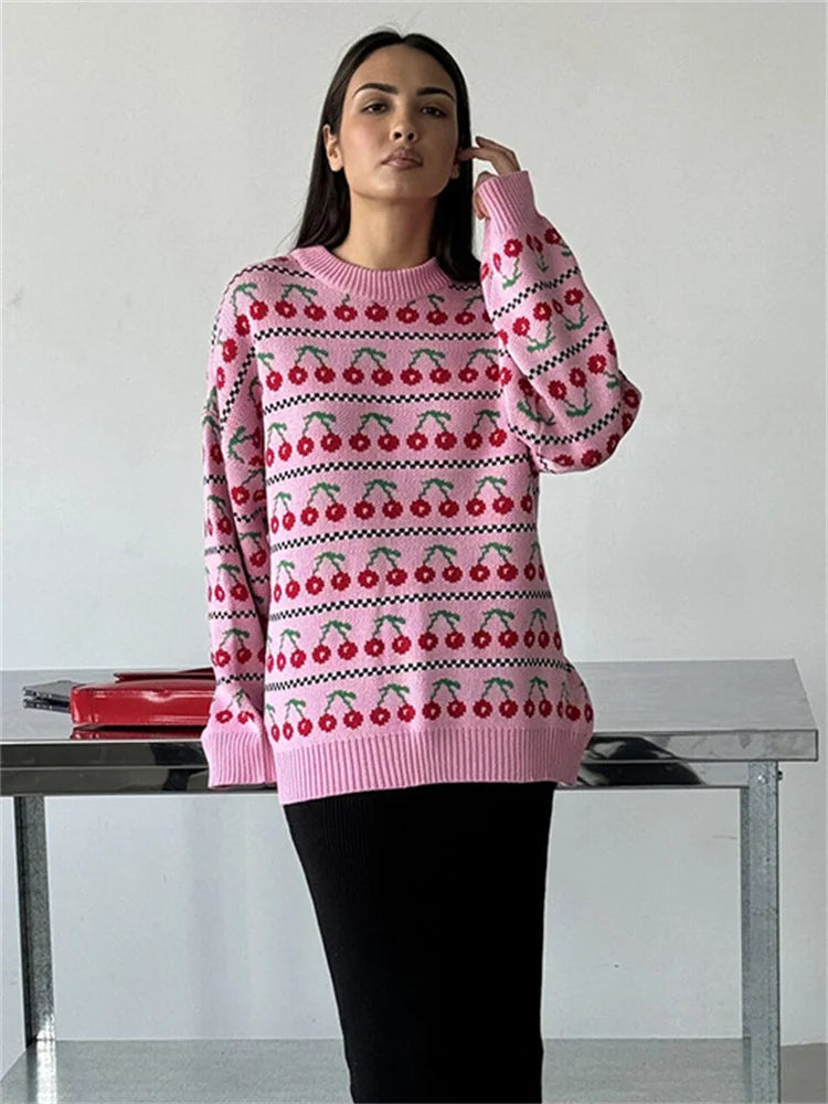 Printed Knit Sweater Pullover For Women Loose Patchwork Contrast Long Sleeve Vintage Fashion Top Knitwear Women’s Pullover