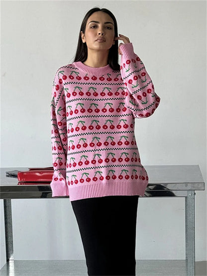 Printed Knit Sweater Pullover For Women Loose Patchwork Contrast Long Sleeve Vintage Fashion Top Knitwear Women’s Pullover