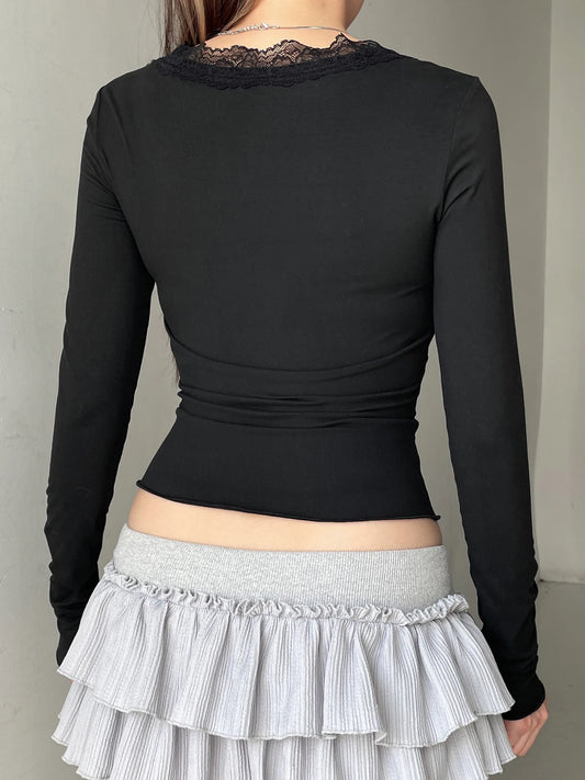 Solid Ruched Lace Trim Square Collar T-Shirt Women Slim Long Sleeve Hotsweet Retro Autumn New Top Tees Chic