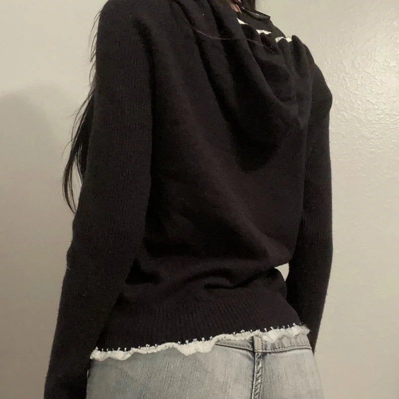 Fashion Y2K Women Zip Up Sweater with Hooded Slightly Thick Autumn Winter Lace Trim Pocket Knit Coat Slim Contrast