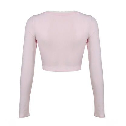 Sweet Y2K Bow Detail Button Up Cropped Top Autumn Knitted Long Sleeve Cute Tshirt Chic Aesthetic Street Tee Outfits