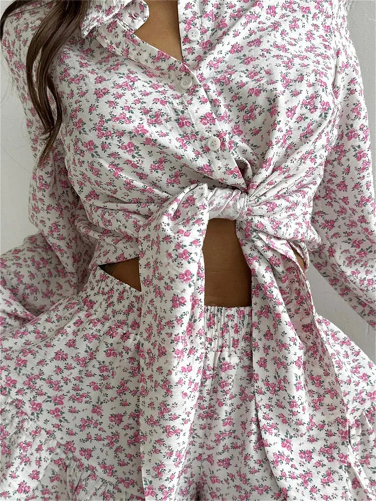 Printed Lace-Up 2 Piece-Set Shorts Outfits Female Lapel Contrast Patchwork Top Cardigan And High Waist Women’s Shorts Sets