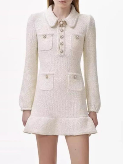 Elegant Short Dress European Style Tweed Lapel Beading Button Long Sleeve Fashion Dresses For Women 2025 Spring Summer 9896
