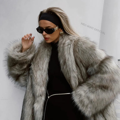 Luxury Mob Wife Aesthetic Long Faux Fur Coat Women Winter  Fluffy Gradient Fox Fur Jacket Female Furry Overcoat