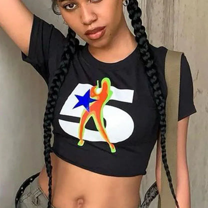 Y2K Summer Digital Printed Women’s Top Street Trend Slim Fit Open Navel T-shirt for Women