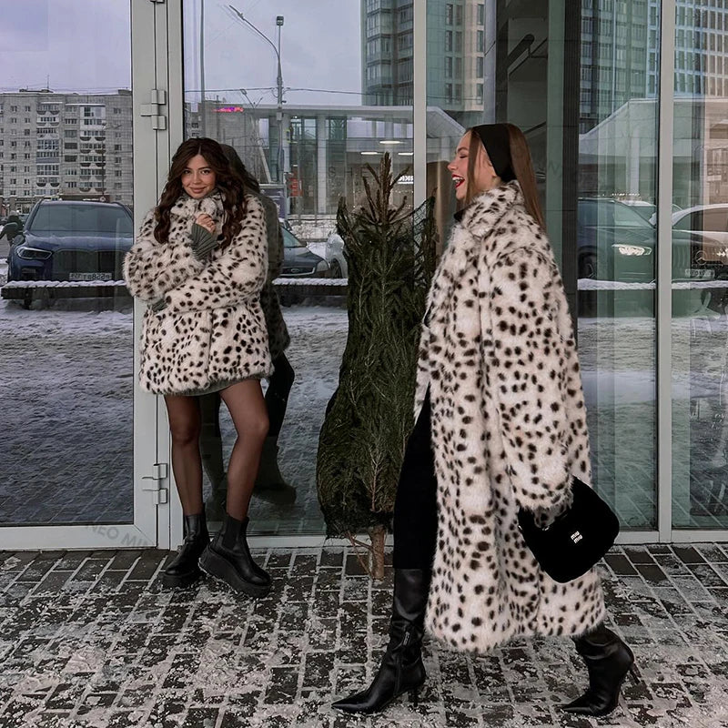 Exclusive Long Brown Leopard Fox Fur Coat Women Winter  New Luxury Hot Brand Fashion Girls Faux Fur Jacket Overcoat