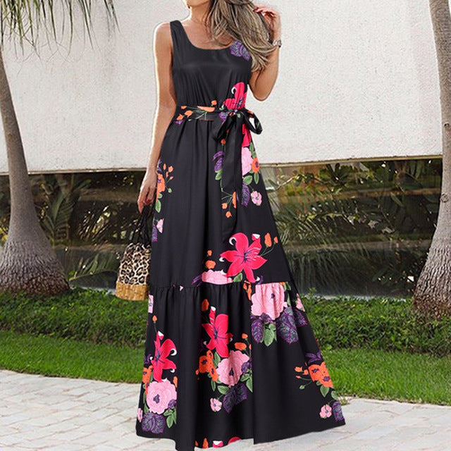 Summer Flower Print Sleeveless Long Dresses Women Elegant Casual Vacation Style Dress O Neck High Waist Leace-up Maxi Vestidos