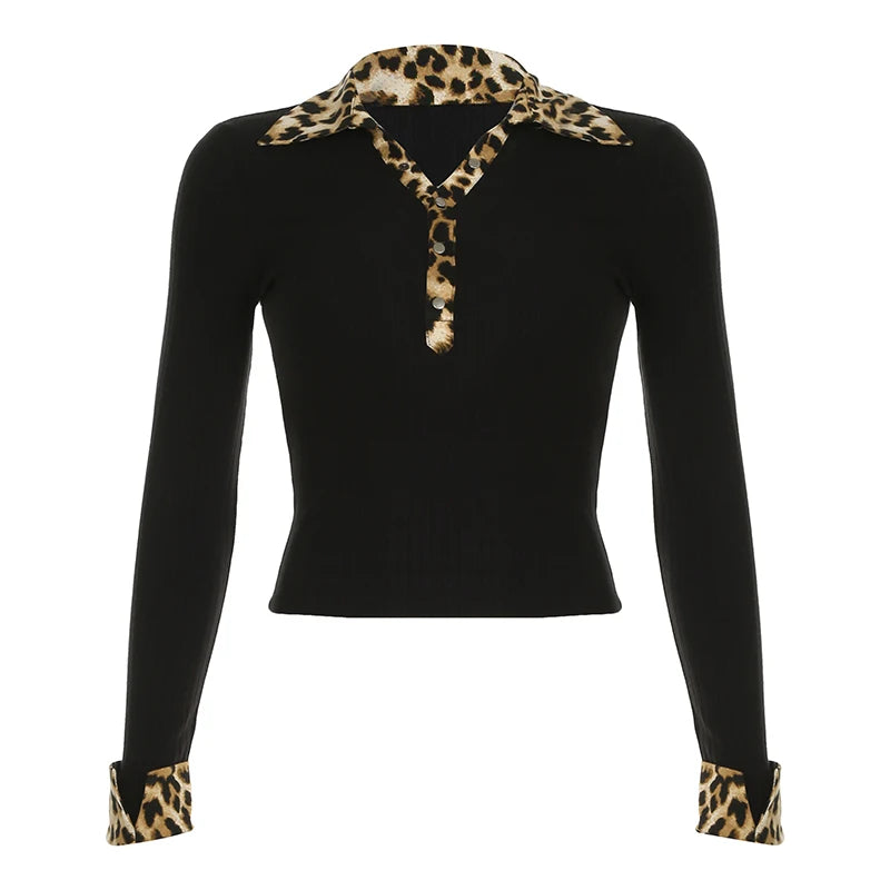 Leopard Up Turn Down Collar Button Long Sleeve Blouses Women s Autumn New Knitter Basic Chic Fashion Top Tees