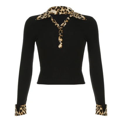Leopard Up Turn Down Collar Button Long Sleeve Blouses Women s Autumn New Knitter Basic Chic Fashion Top Tees
