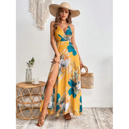 Fashion Flower Print Spaghetti Strap Dresses Women Sexy V-neck Backless Slit Long Dress Bohemian Style Vacation Beach Vestidos