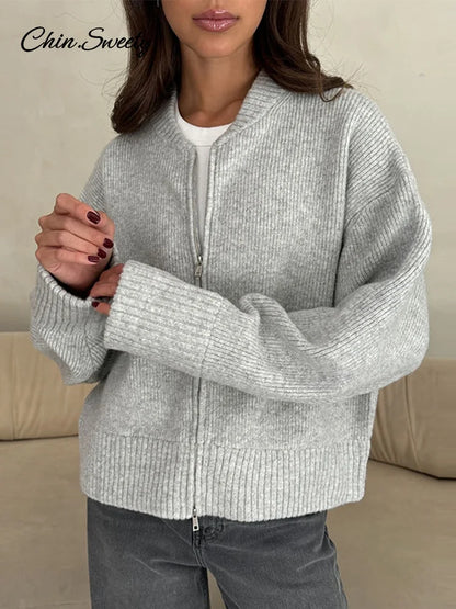 Autumn Winter Zipper O-neck Knitted Cardigans Women Solid Loose Long Sleeve Sweater Top  Fashion Lady All-matching Knitwear