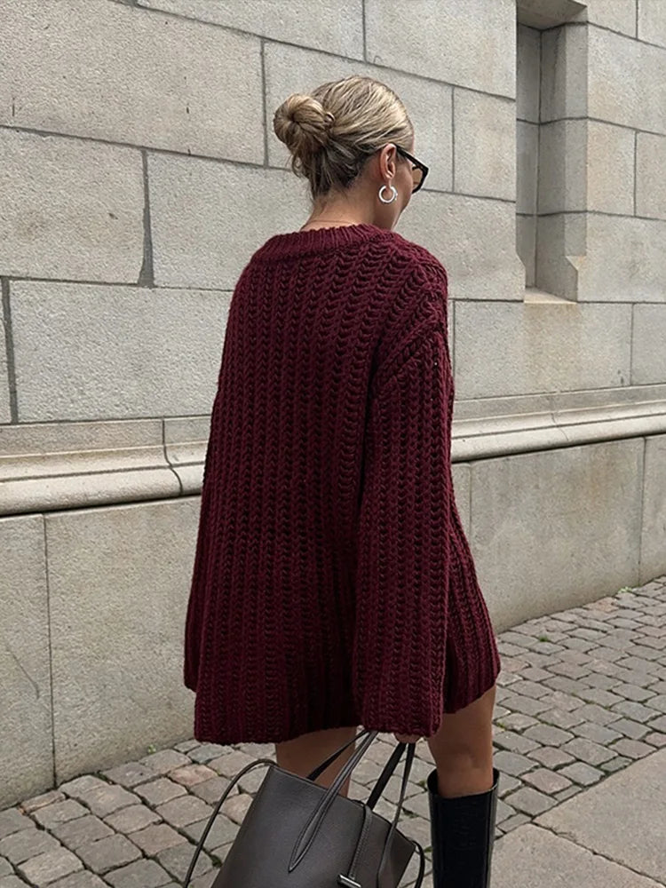 Casual Knitted Solid Mid Long Sweaters Women Loose O-neck Long Sleeve Dark Red Pullover Sweaters Female Autumn Chic Street Tops
