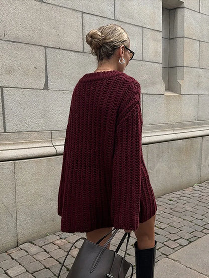 Casual Knitted Solid Mid Long Sweaters Women Loose O-neck Long Sleeve Dark Red Pullover Sweaters Female Autumn Chic Street Tops