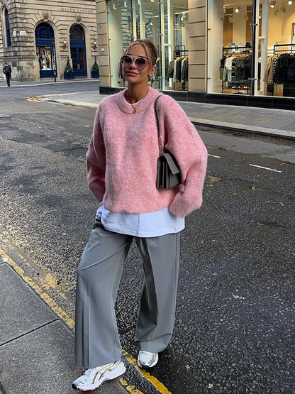 Casual Oversize Pink Women's Cashmere Base Sweater Fashion Long Sleeve Solid Round Collar Pullover New Lady High Streetwear