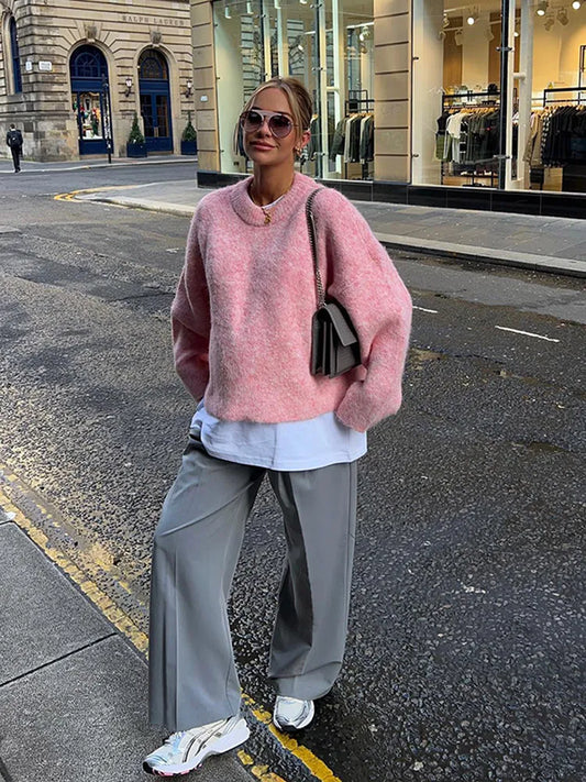 Casual Oversize Pink Women's Cashmere Base Sweater Fashion Long Sleeve Solid Round Collar Pullover New Lady High Streetwear