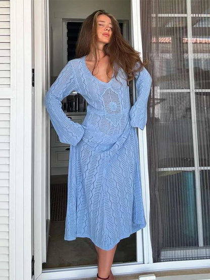Elegant Knit Long Dress Women Sexy Slim Round Neck Hollow Vestidos Female  Fashion Autumn Solid Lady Holiday Beach Robe