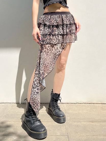 Hotsweet Irregular Tiered Cake Skirt Women Y2k Chic Leopard Print Gyaru Design Mini Skirt s New