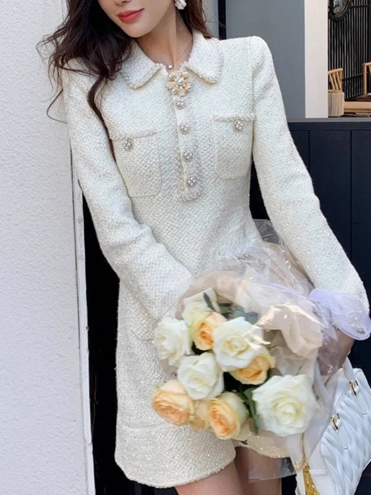 Elegant Short Dress European Style Tweed Lapel Beading Button Long Sleeve Fashion Dresses For Women 2025 Spring Summer 9896