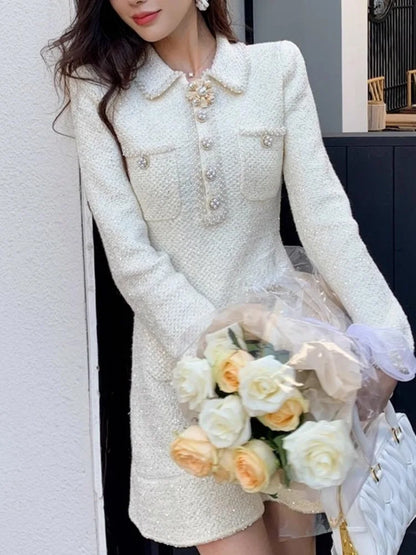 Elegant Short Dress European Style Tweed Lapel Beading Button Long Sleeve Fashion Dresses For Women 2025 Spring Summer 9896